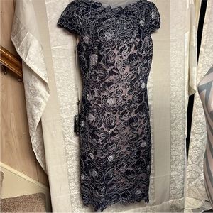 Tadashi Shoji Women's Navy Cap Sleeve Lace cocktail Wedding Dress Size 12 NWT